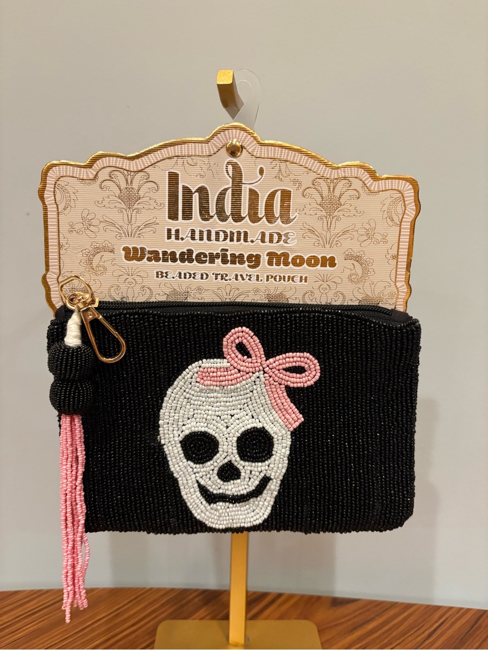 Black Beaded Pouch with Skull and Bow